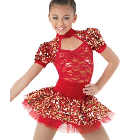 Weissman Costumes Weissman Red Gold Sequin Lace Velvet Biketard